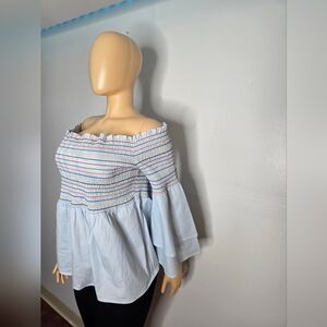 Sky Light Blue Off-Shoulder Smocked Bell Sleeve Blouse Size XL